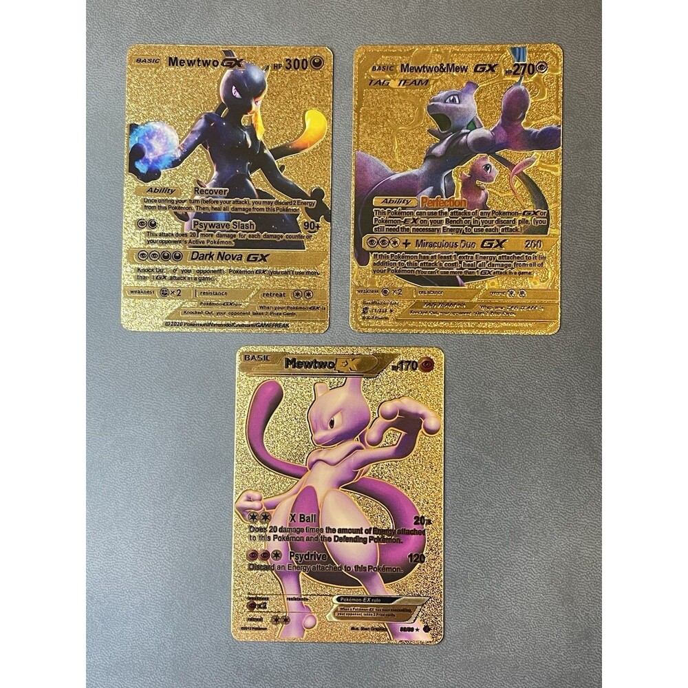 Pokemon Novelty Mewtwo Gold Full Fan Art Card Lot (3) EX GX Tag Team Mew Promo